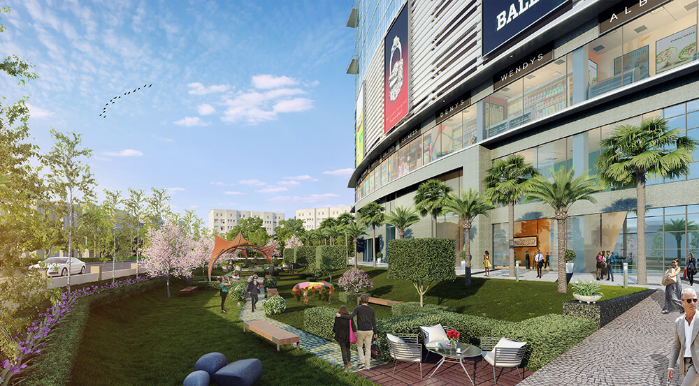 The retail plaza and landscaped walkway at Advant Navis